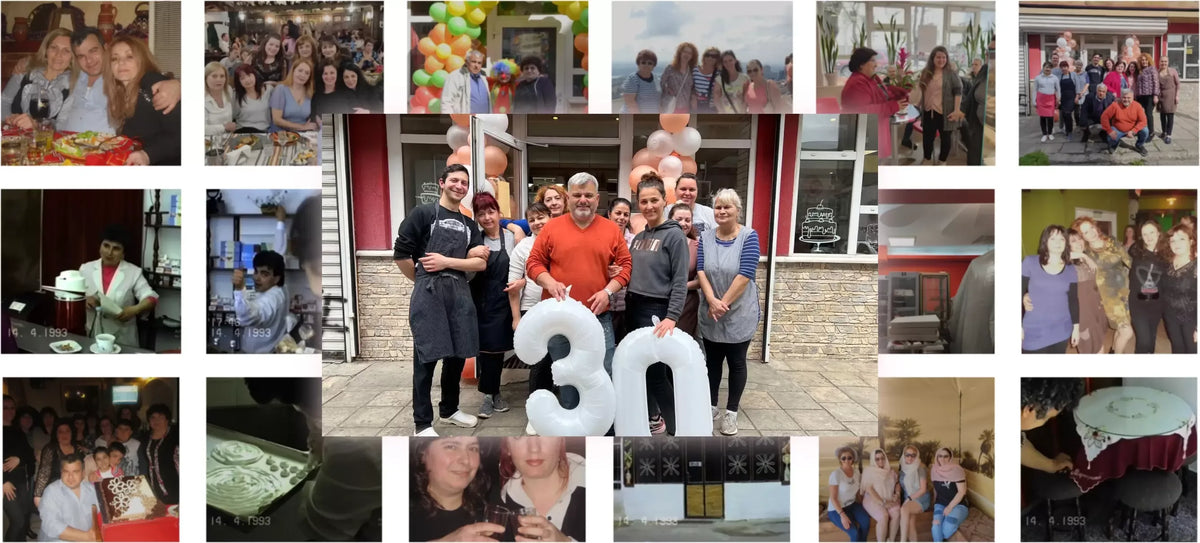 Колаж от историята на Маргарита с празнични събития, екипни срещи и важни моменти, показващ общността и топлината на сладкарницата през годините.