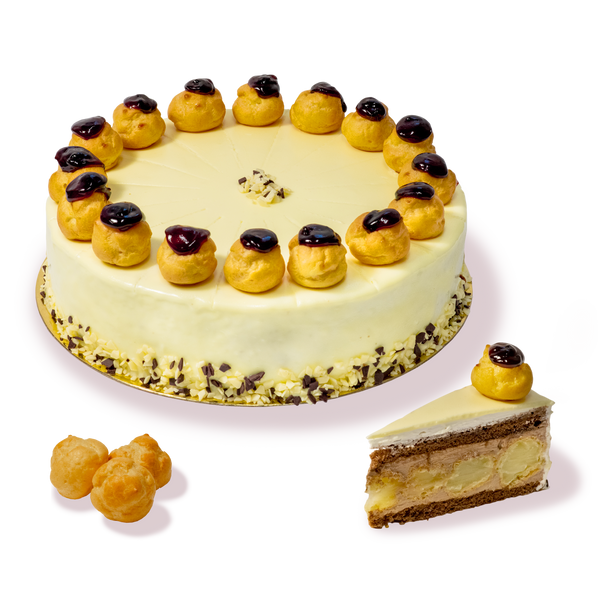 Торта 'Бяла еклерова' от сладкарница Маргарита: изискан крем, еклери, бял шоколад.