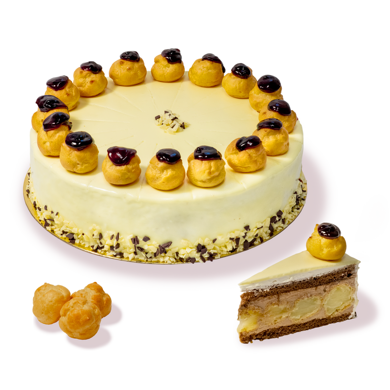 Торта 'Бяла еклерова' от сладкарница Маргарита: изискан крем, еклери, бял шоколад.