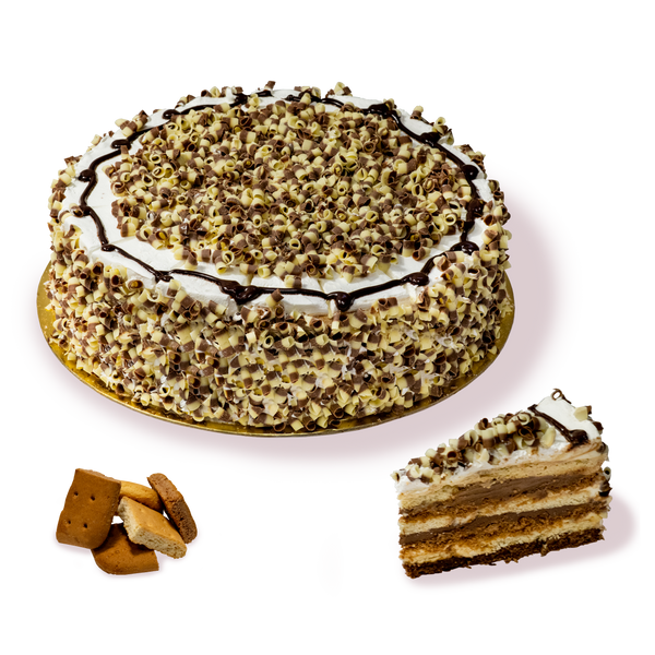 Торта Корал от сладкарница Маргарита, със слоеве от бисквита и крем, украсена с бяла глазура.