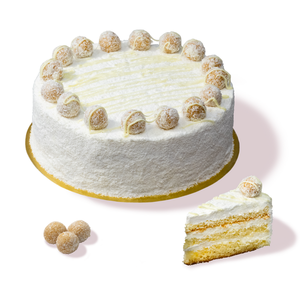 Торта Рафаело от сладкарница Маргарита, бяла с кокосови топчета.