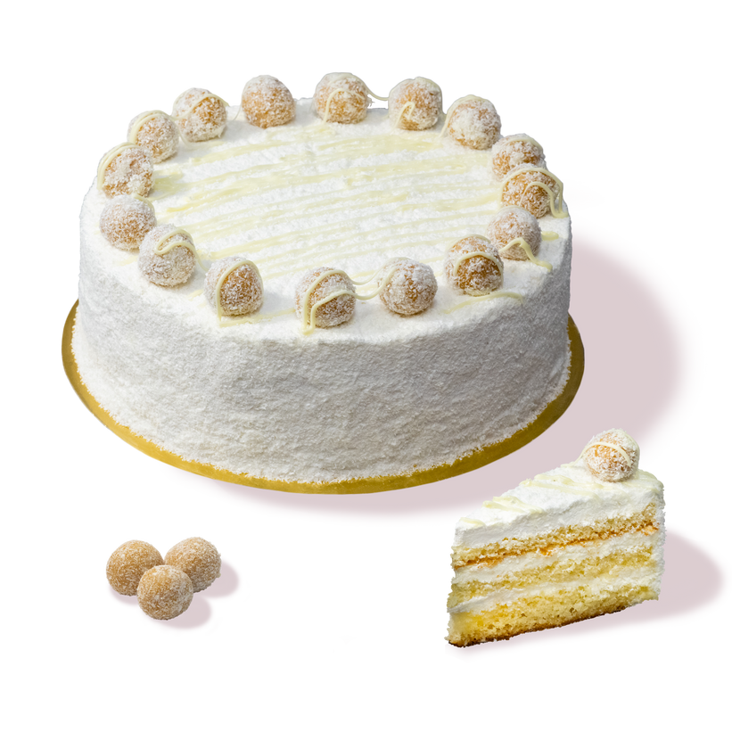 Торта Рафаело от сладкарница Маргарита, бяла с кокосови топчета.