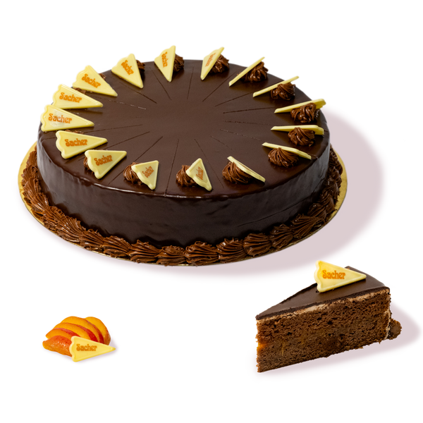 Торта Сахер от сладкарница Маргарита с шоколадова глазура и парчета бял шоколад на върха.