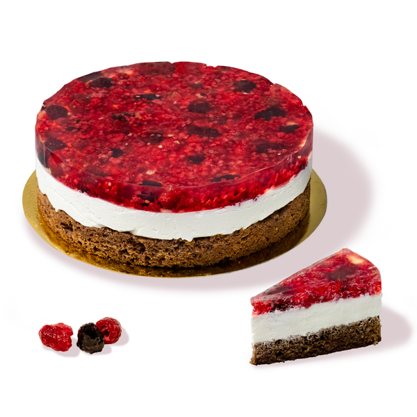 Торта Йогурт от сладкарница Маргарита: двуслойна с пухкав крем и покритие от свежи малини.