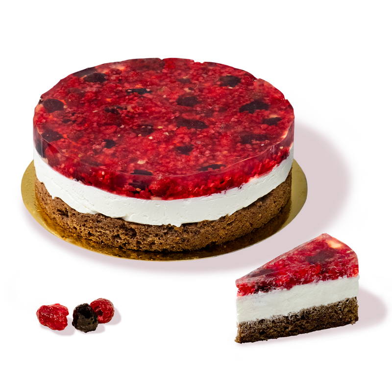 Торта Йогурт от сладкарница Маргарита: двуслойна с пухкав крем и покритие от свежи малини.